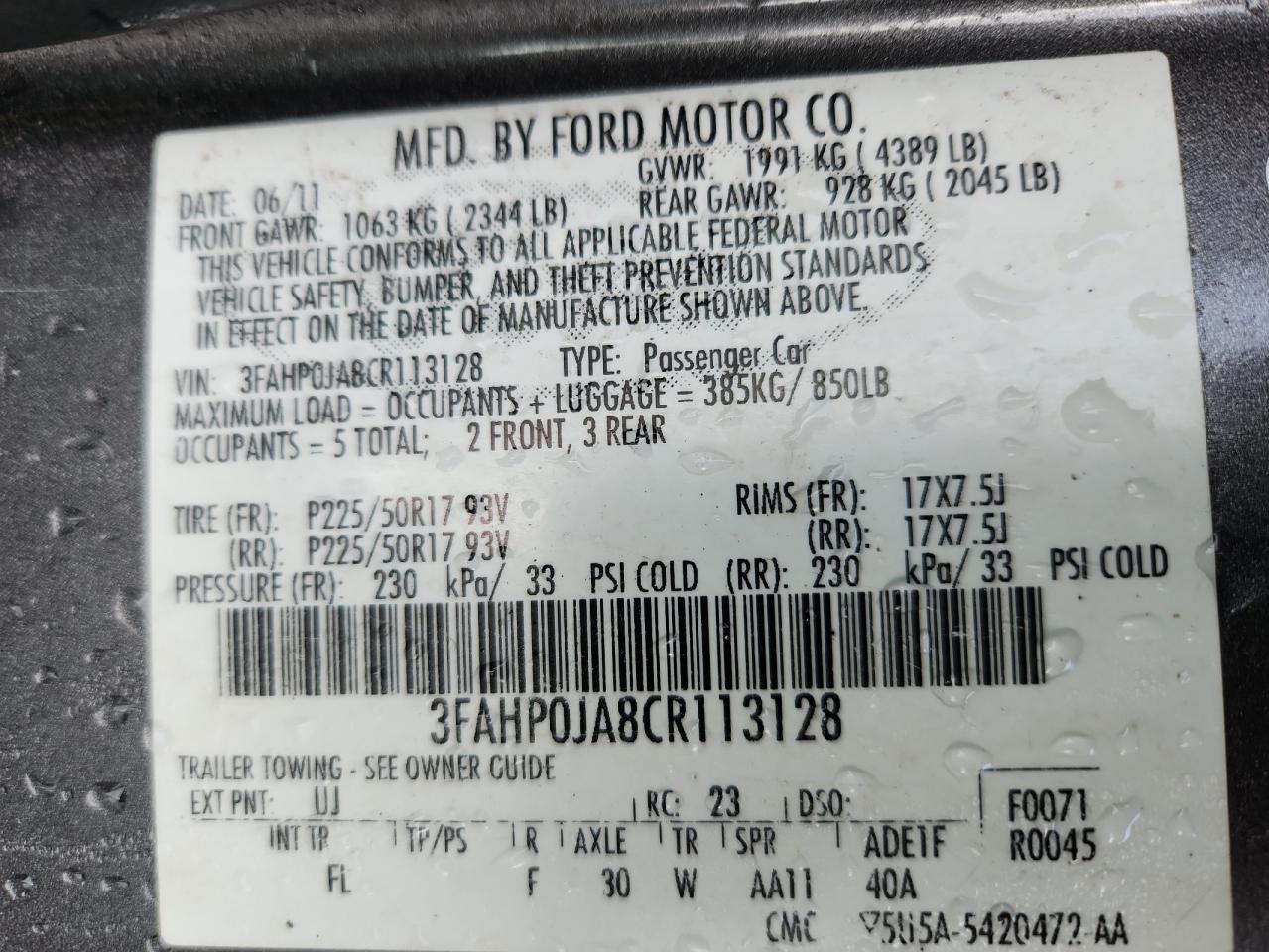 2012 Ford Fusion Sel VIN: 3FAHP0JA8CR113128 Lot: 70661635