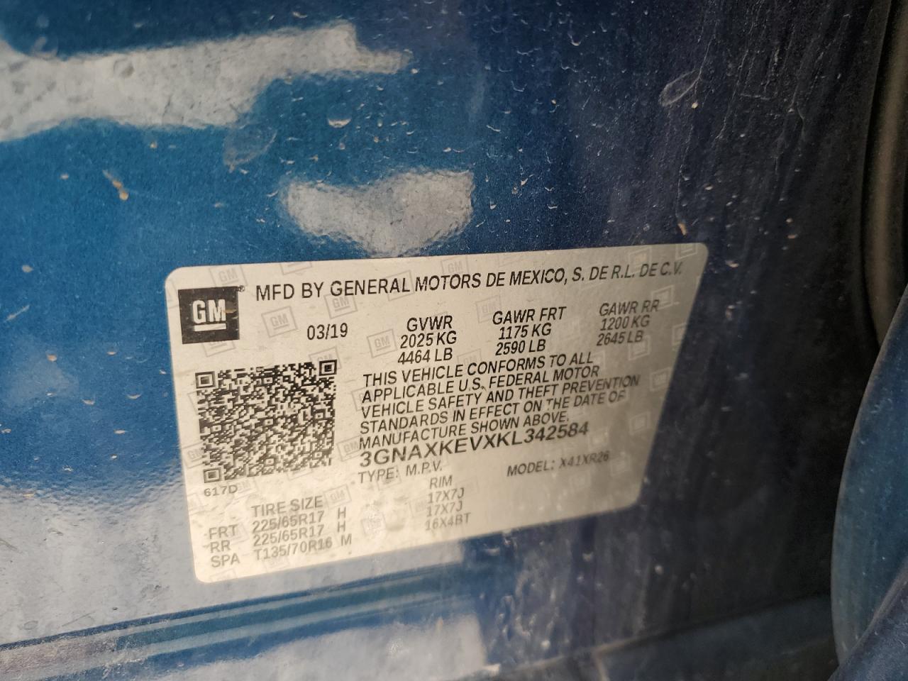 2019 Chevrolet Equinox Lt VIN: 3GNAXKEVXKL342584 Lot: 70720265