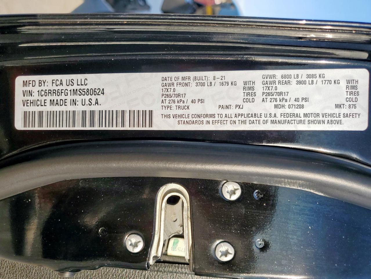 2021 Ram 1500 Classic Tradesman VIN: 1C6RR6FG1MS580624 Lot: 69260545