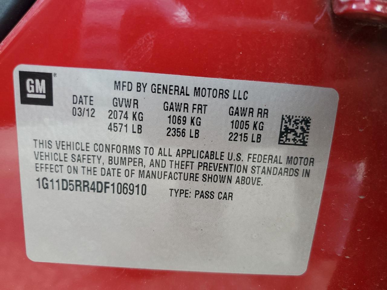 2013 Chevrolet Malibu 1Lt VIN: 1G11D5RR4DF106910 Lot: 68633265