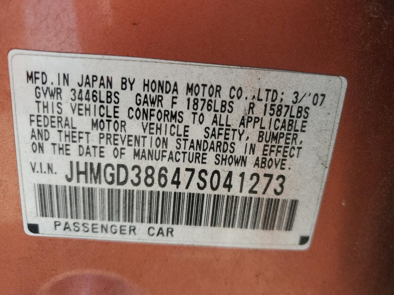 2007 Honda Fit S VIN: JHMGD38647S041273 Lot: 68476855