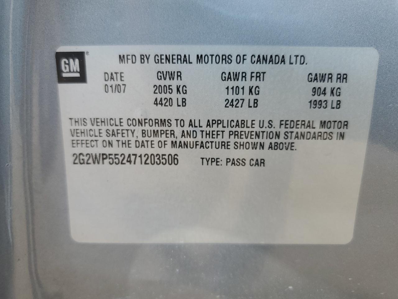 2007 Pontiac Grand Prix VIN: 2G2WP552471203506 Lot: 70748345