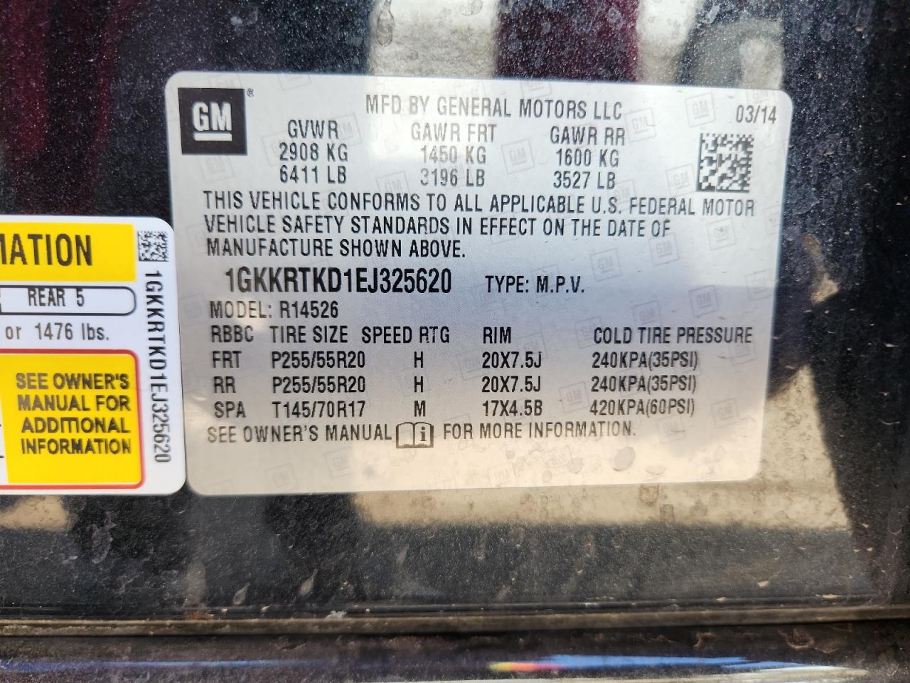 2014 GMC Acadia Denali VIN: 1GKKRTKD1EJ325620 Lot: 69650745