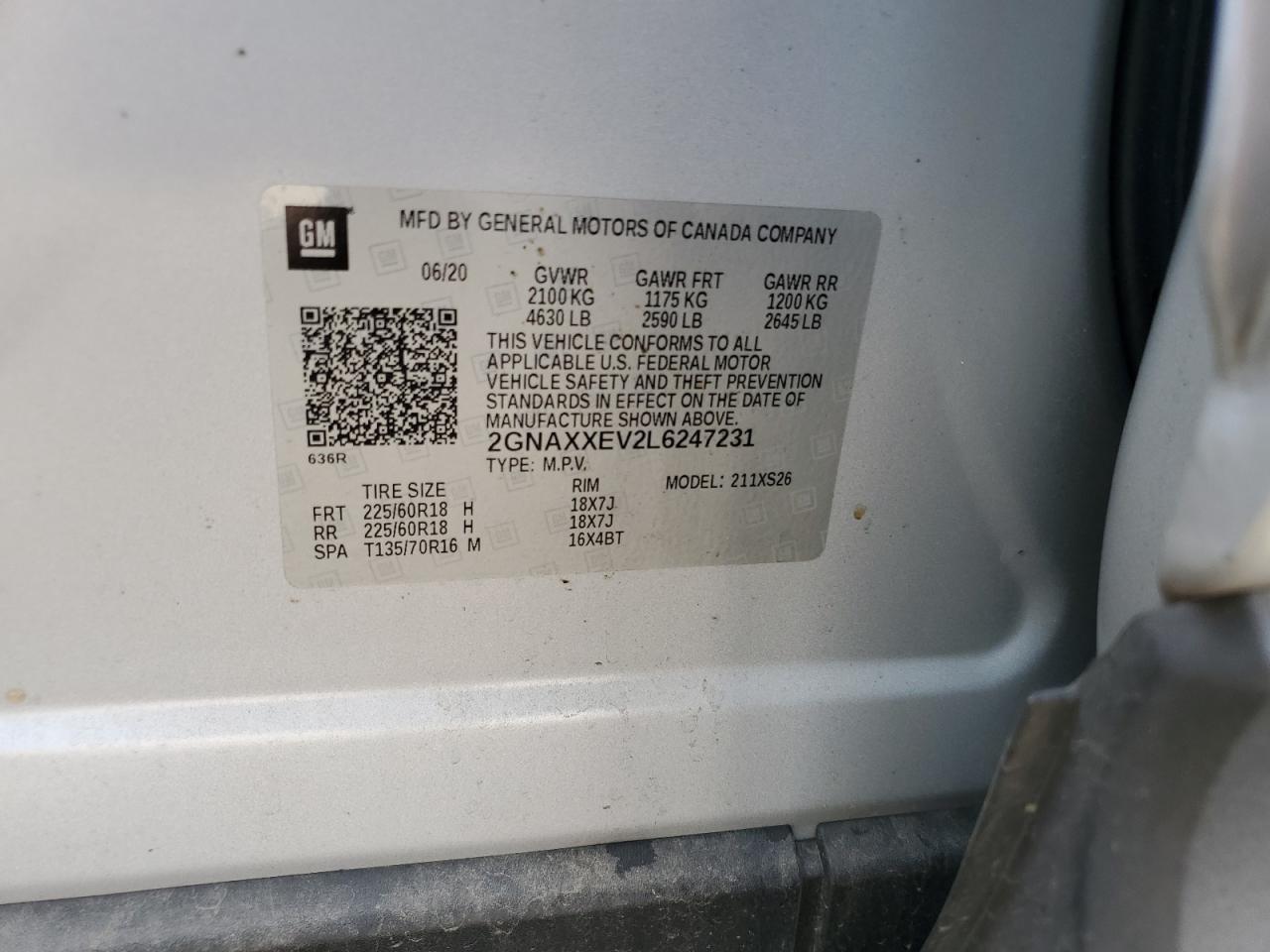 2020 Chevrolet Equinox Premier VIN: 2GNAXXEV2L6247231 Lot: 70309545