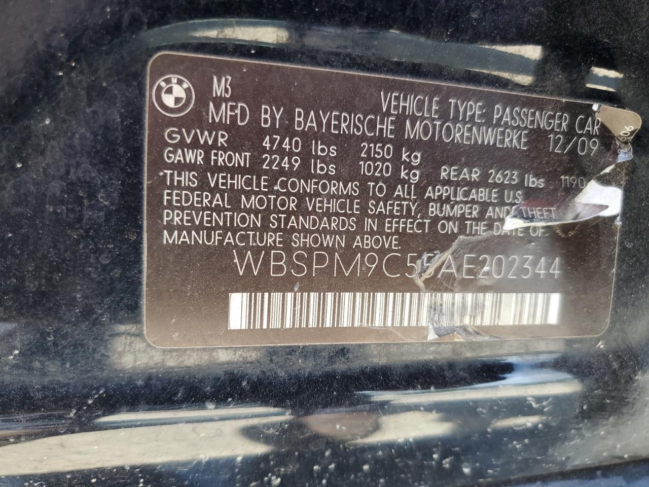 2010 BMW M3 VIN: WBSPM9C55AE202344 Lot: 70696475