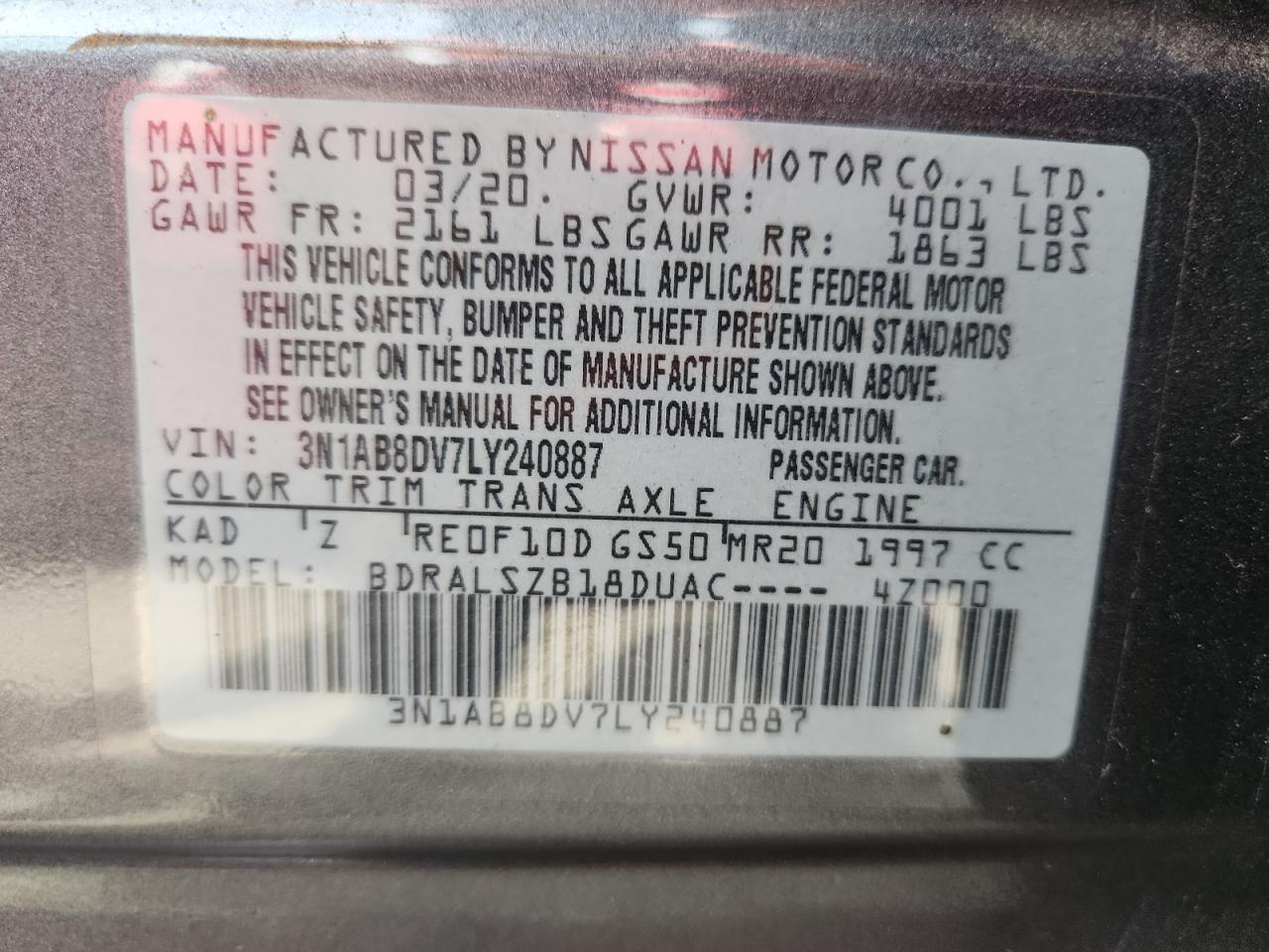 2020 Nissan Sentra Sr VIN: 3N1AB8DV7LY240887 Lot: 70162015