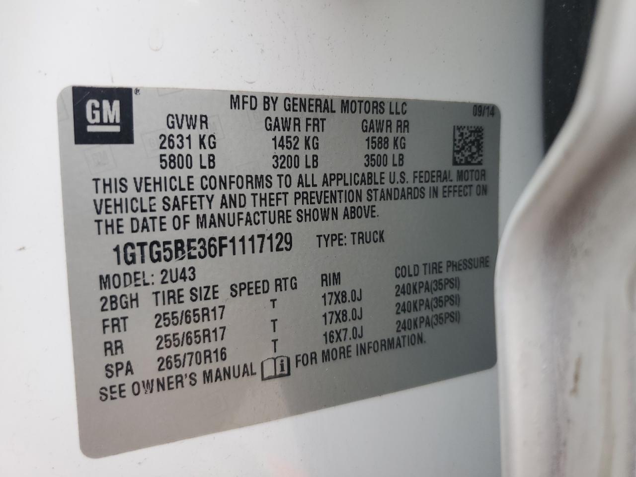 2015 GMC Canyon Sle VIN: 1GTG5BE36F1117129 Lot: 69748365