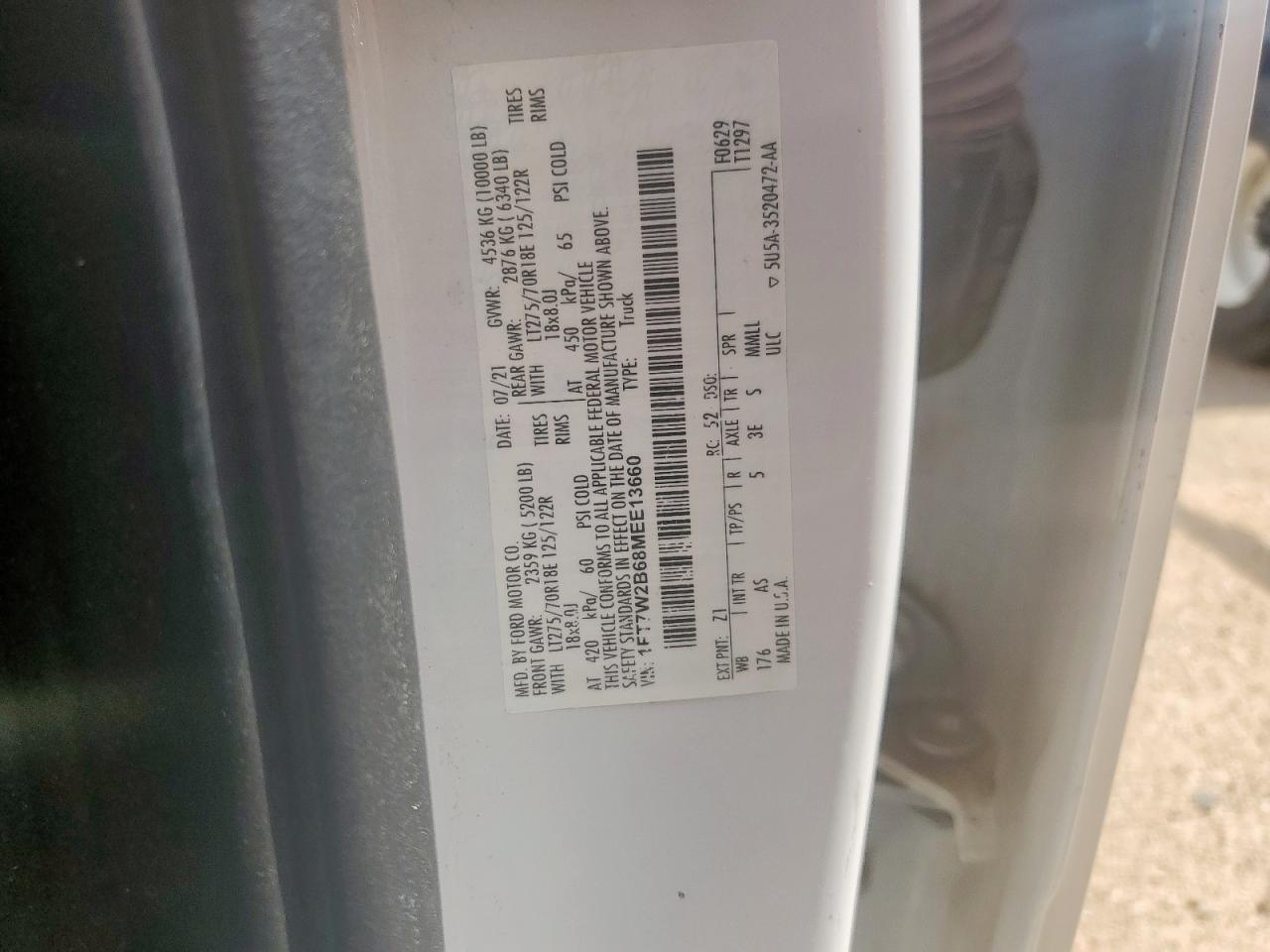 2021 Ford F250 Super Duty VIN: 1FT7W2B68MEE13660 Lot: 66127145