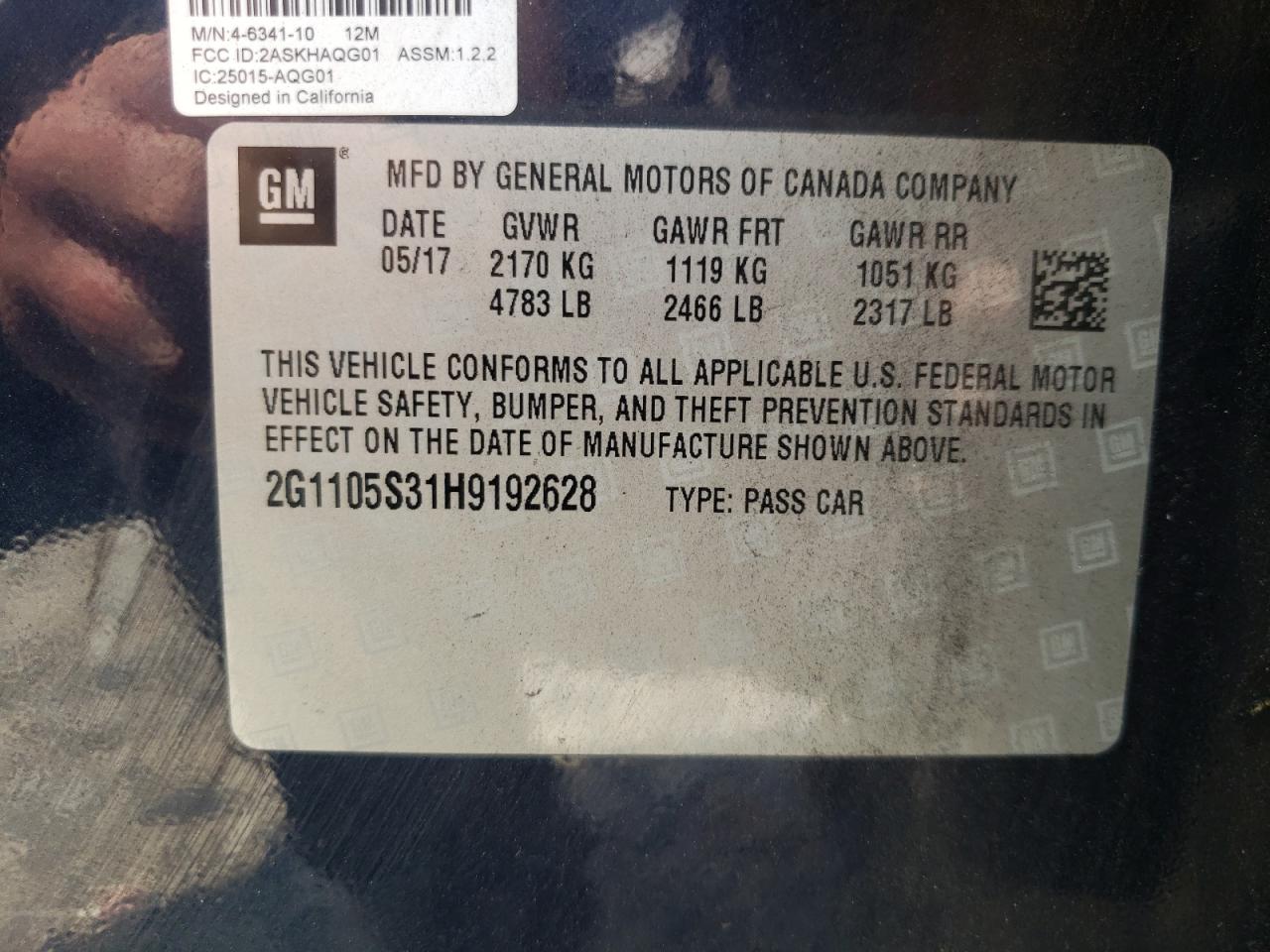 2017 Chevrolet Impala Lt VIN: 2G1105S31H9192628 Lot: 68916015