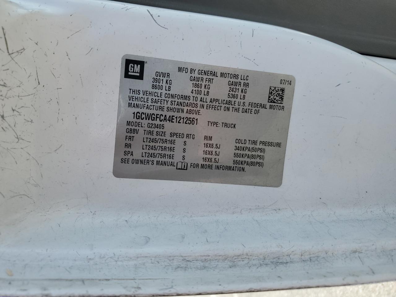 2014 Chevrolet Express G2500 VIN: 1GCWGFCA4E1212561 Lot: 68859685