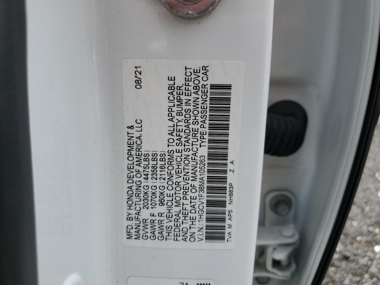 2021 Honda Accord Sport VIN: 1HGCV1F38MA105263 Lot: 68865785