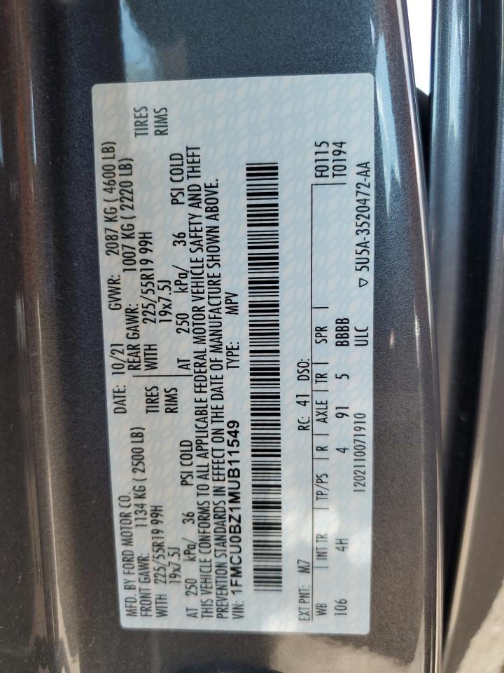 2021 Ford Escape Se VIN: 1FMCU0BZ1MUB11549 Lot: 70690215