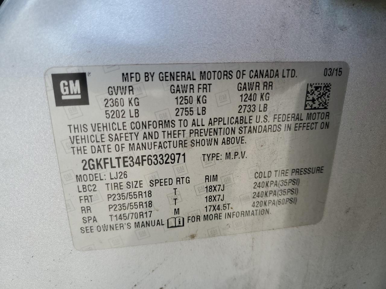 2015 GMC Terrain Slt VIN: 2GKFLTE34F6332971 Lot: 69011075