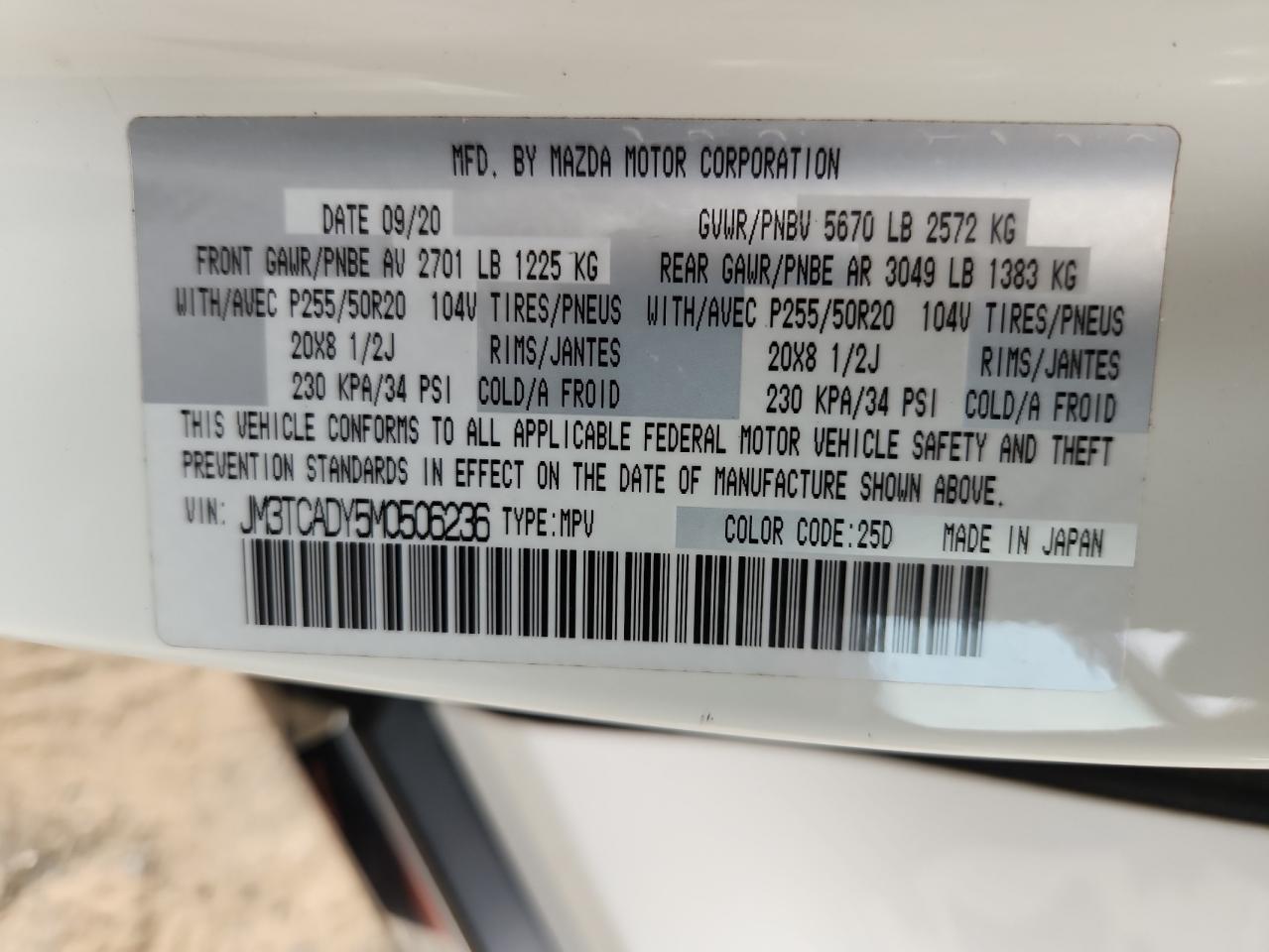 2021 Mazda Cx-9 Grand Touring VIN: JM3TCADY5M0506236 Lot: 70156255