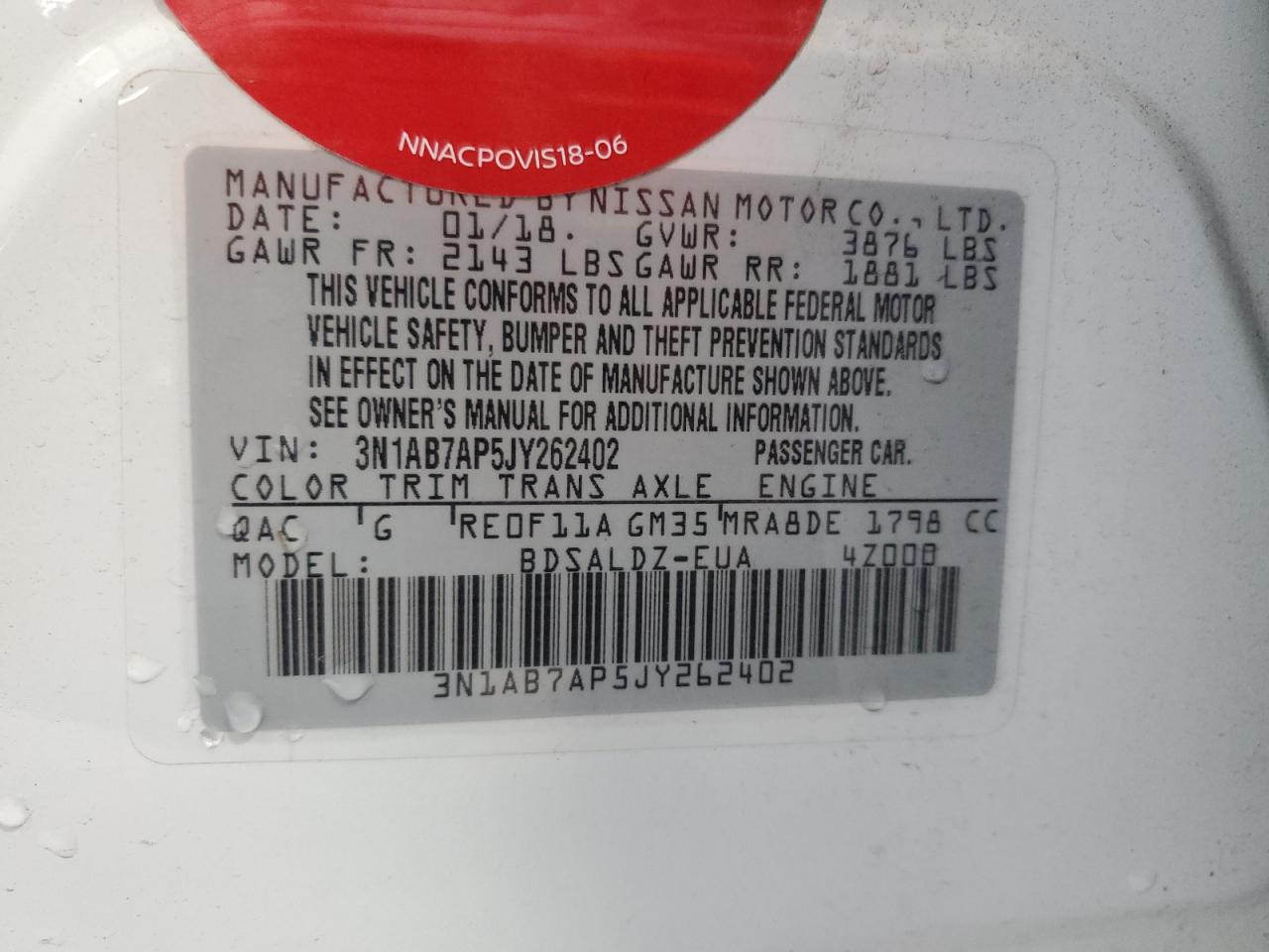 2018 Nissan Sentra S VIN: 3N1AB7AP5JY262402 Lot: 70768445