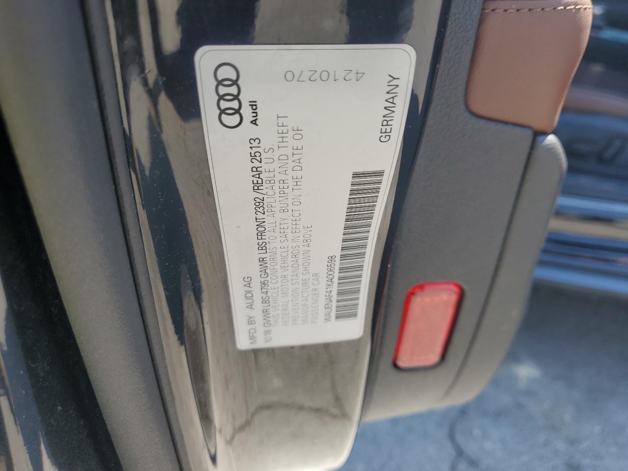 2019 Audi A4 Premium Plus VIN: WAUENAF41KA006598 Lot: 68769585