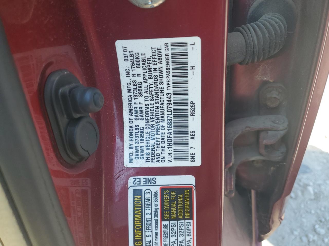 2007 Honda Civic Ex VIN: 1HGFA16837L079443 Lot: 68917995