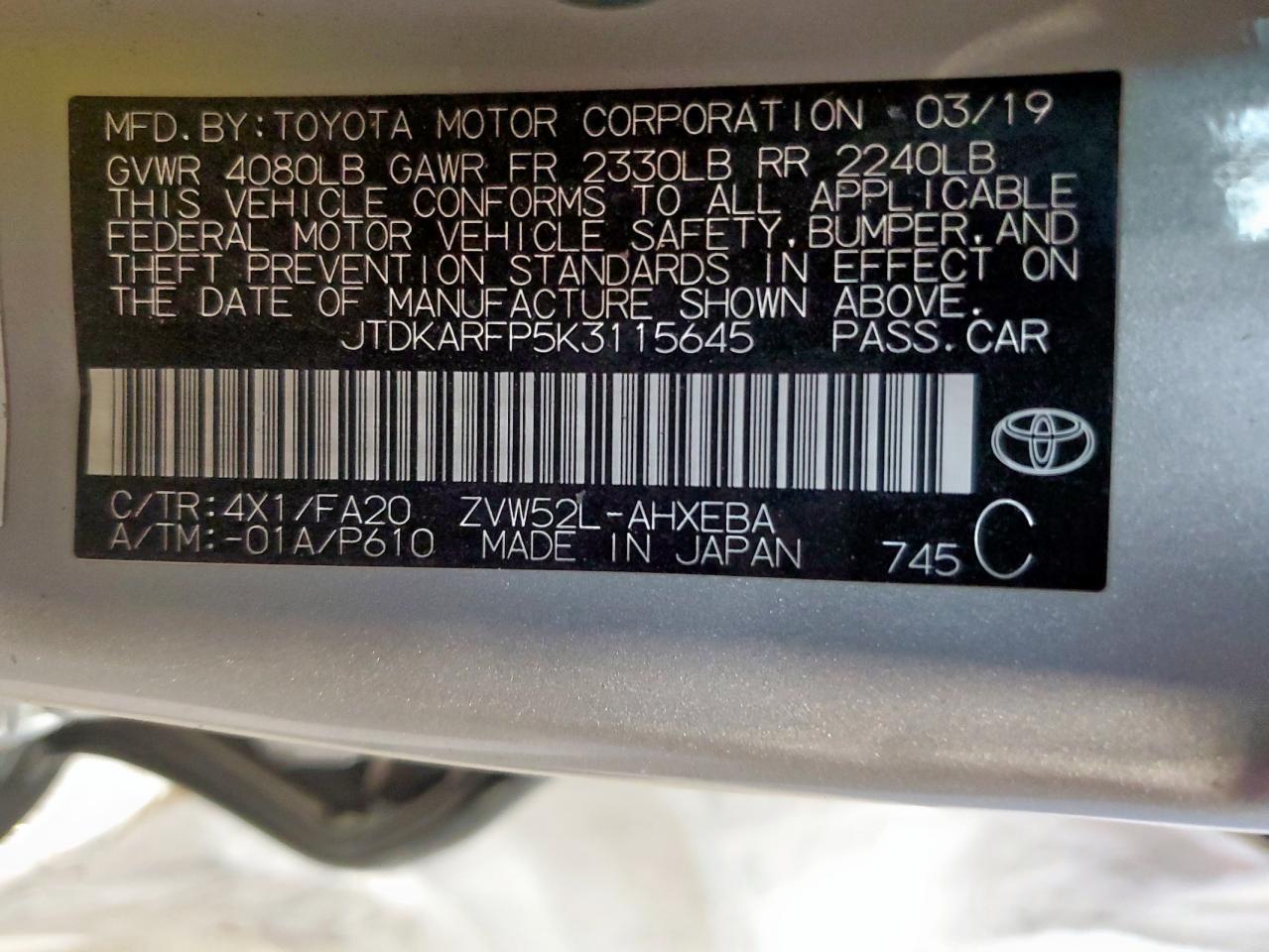 2019 Toyota Prius Prime VIN: JTDKARFP5K3115645 Lot: 68484985