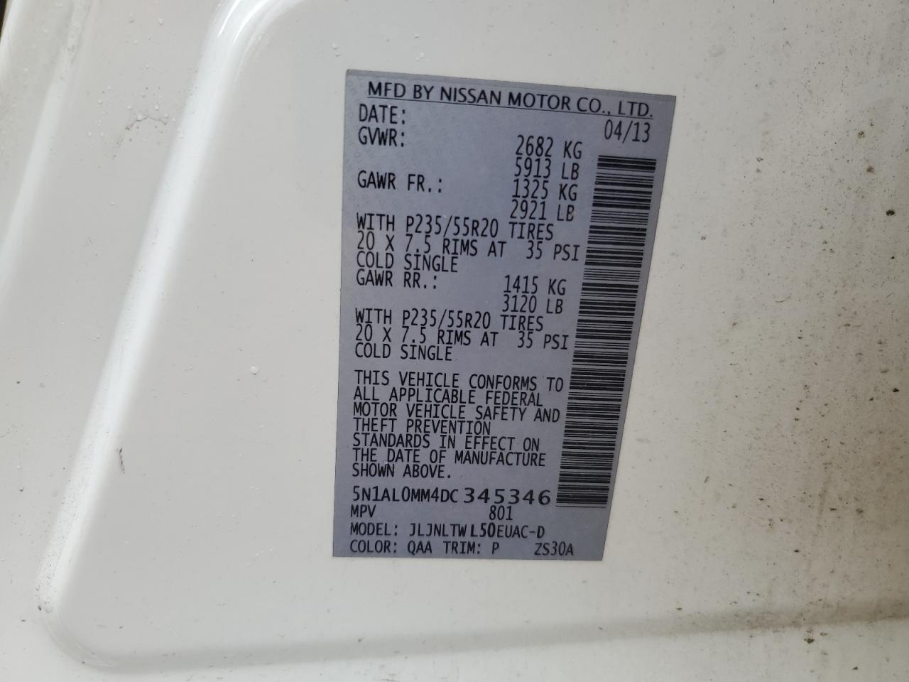 2013 Infiniti Jx35 VIN: 5N1AL0MM4DC345346 Lot: 68269585