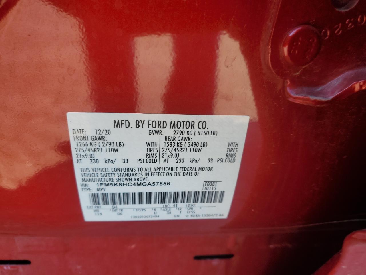 2021 Ford Explorer Platinum VIN: 1FM5K8HC4MGA57856 Lot: 70128965