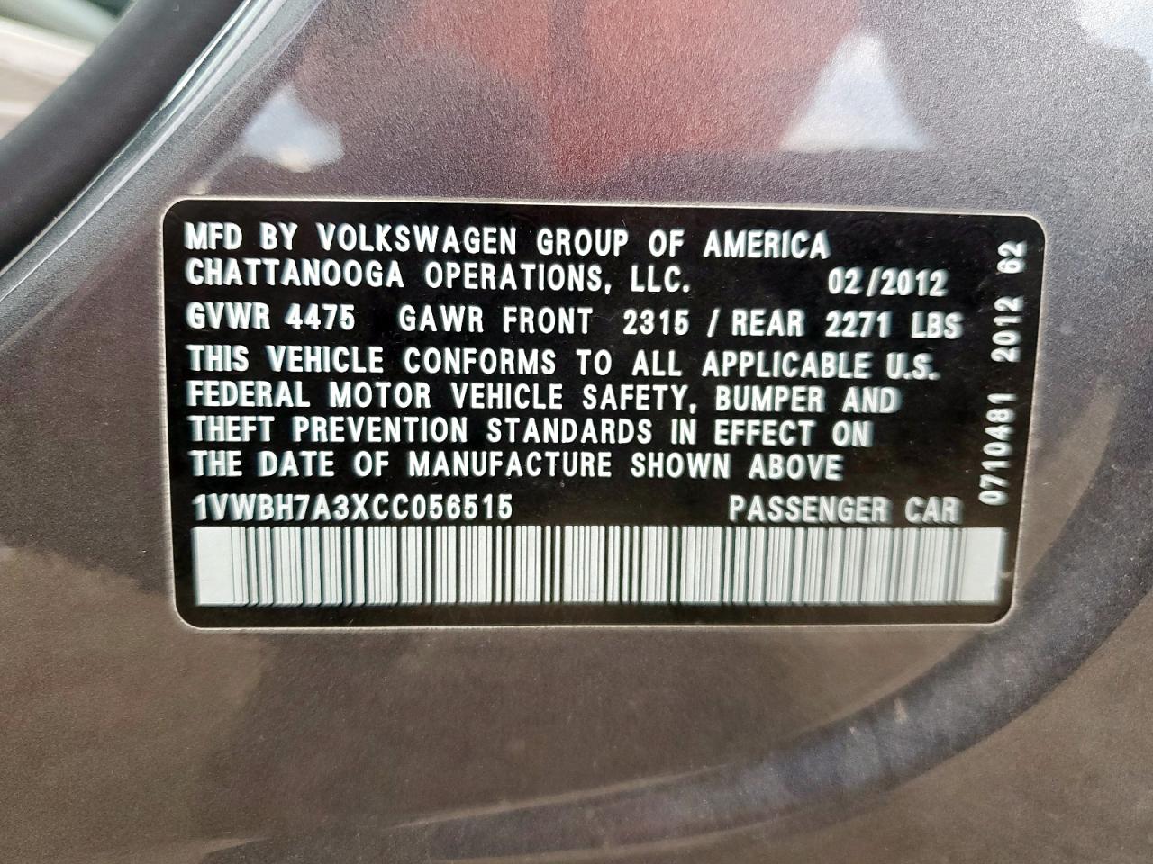 2012 Volkswagen Passat Se VIN: 1VWBH7A3XCC056515 Lot: 68614255