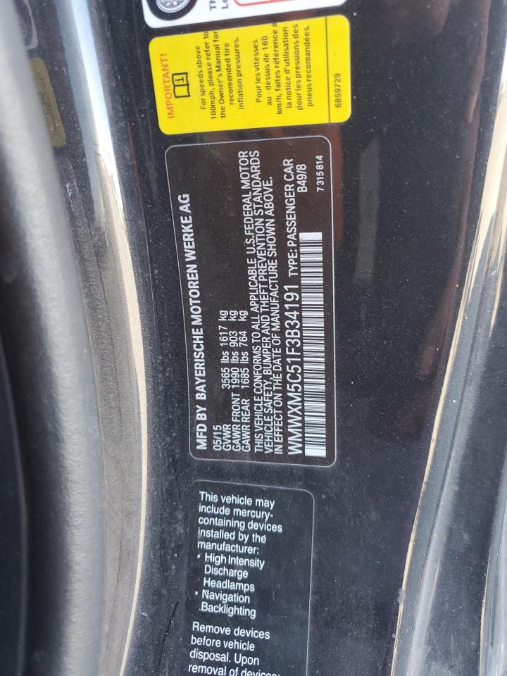 2015 Mini Cooper VIN: WMWXM5C51F3B34191 Lot: 70053295