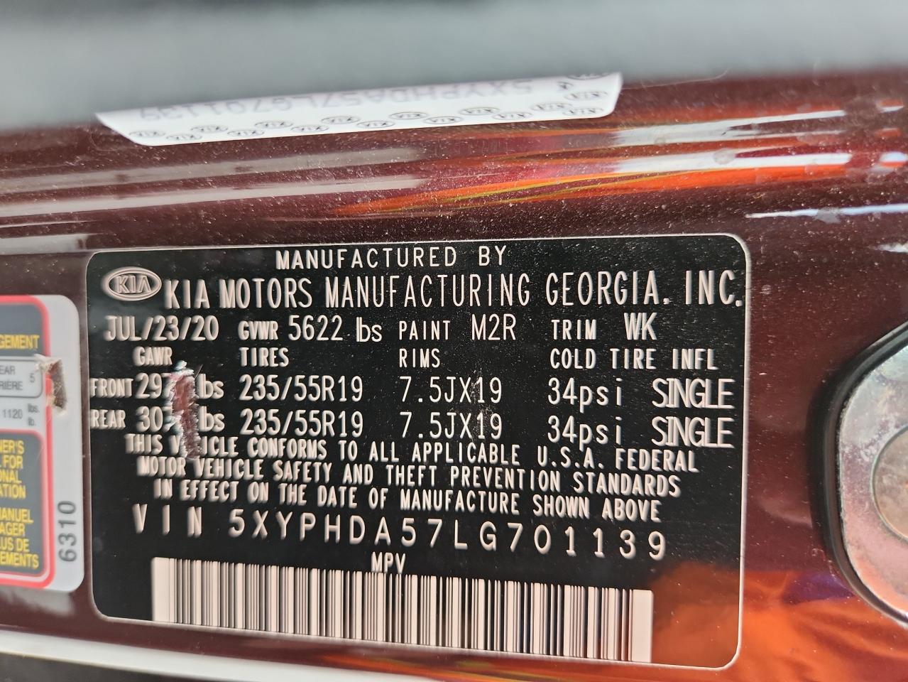 2020 Kia Sorento Ex VIN: 5XYPHDA57LG701139 Lot: 69106925