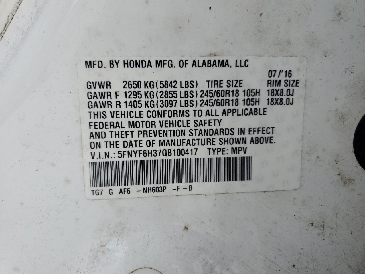 2016 Honda Pilot Ex VIN: 5FNYF6H37GB100417 Lot: 67807495