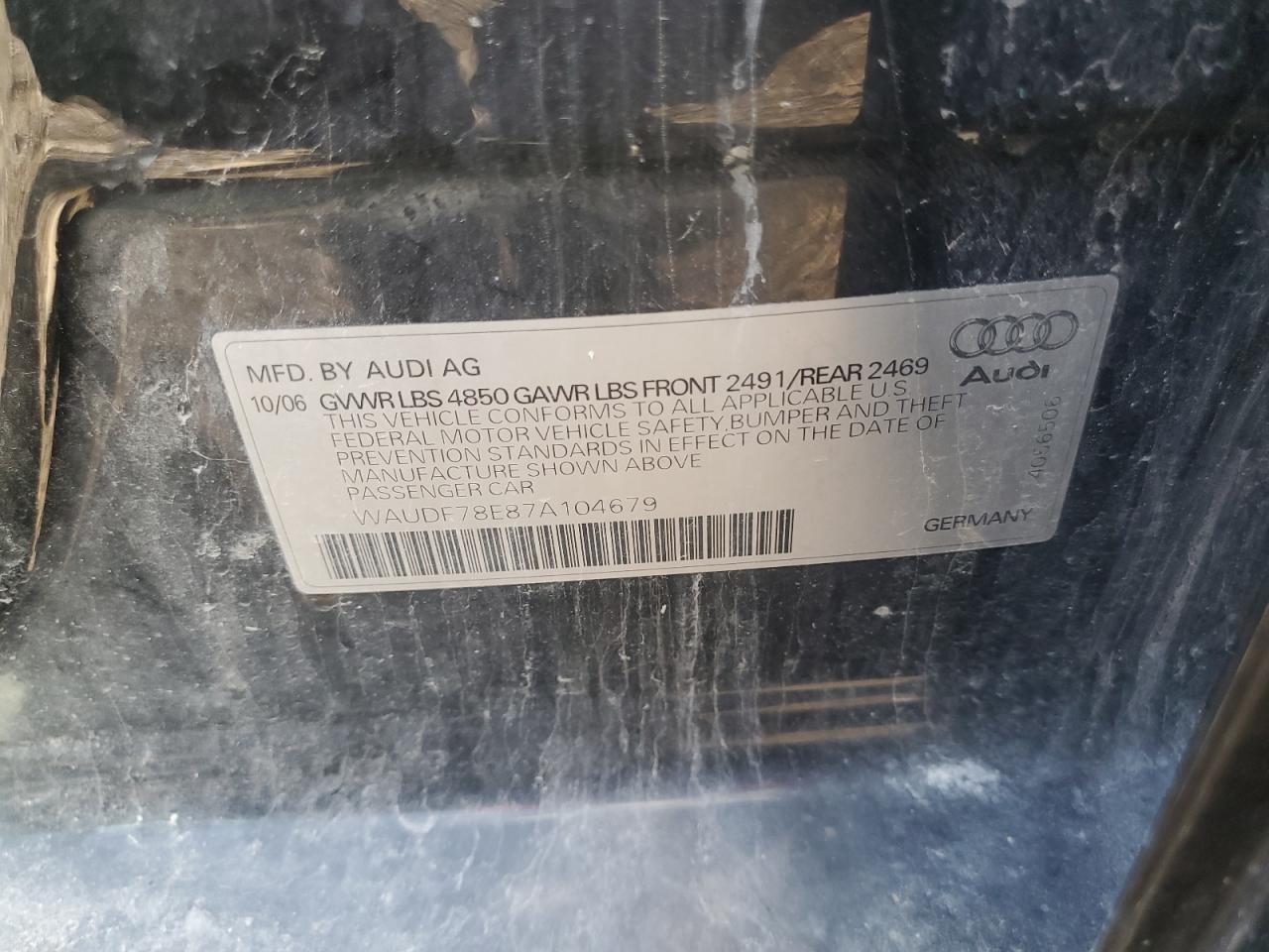2007 Audi A4 2.0T Quattro VIN: WAUDF78E87A104679 Lot: 63683035