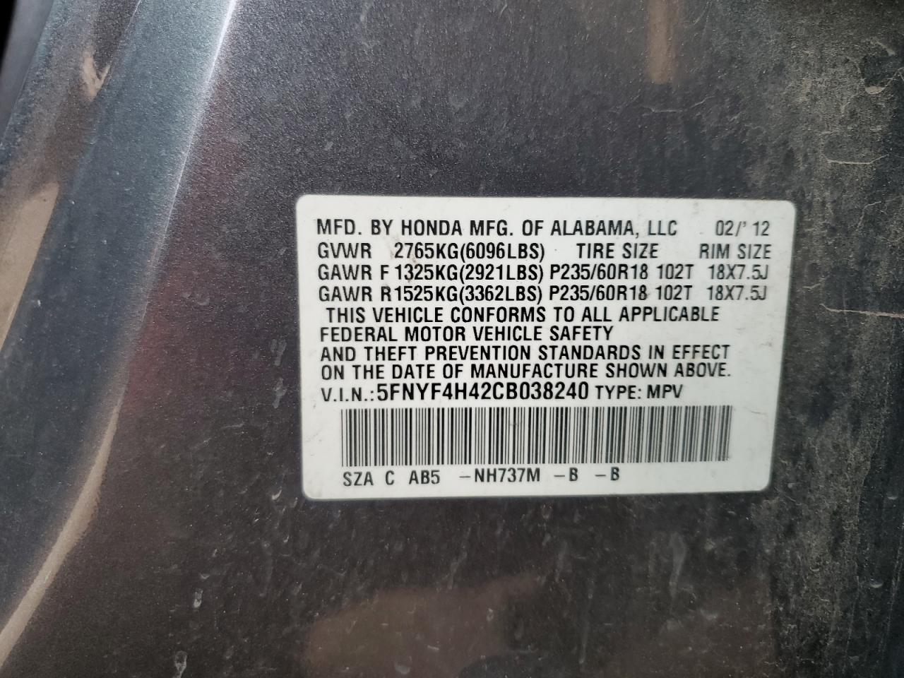 2012 Honda Pilot Ex VIN: 5FNYF4H42CB038240 Lot: 67815875