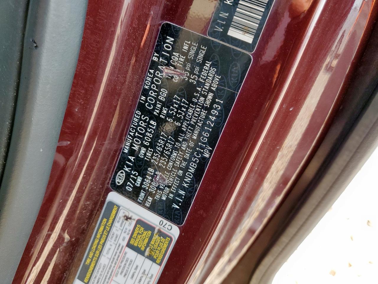2016 Kia Sedona Lx VIN: KNDMB5C11G6124931 Lot: 67944445