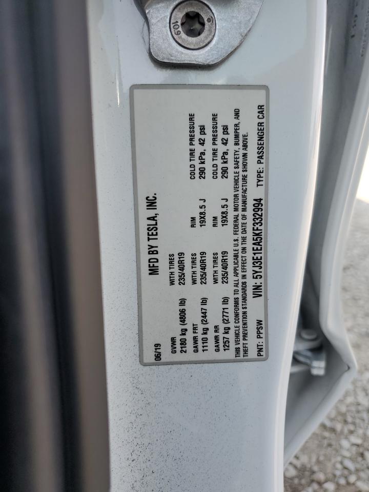 2019 Tesla Model 3 VIN: 5YJ3E1EA5KF332994 Lot: 69817325