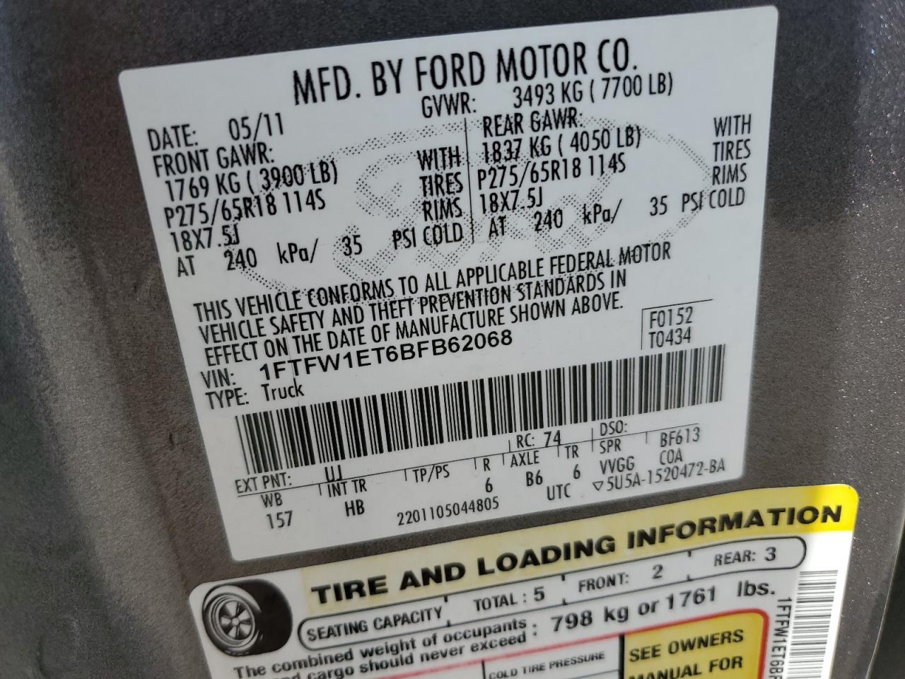 1FTFW1ET6BFB62068 2011 Ford F150 Supercrew