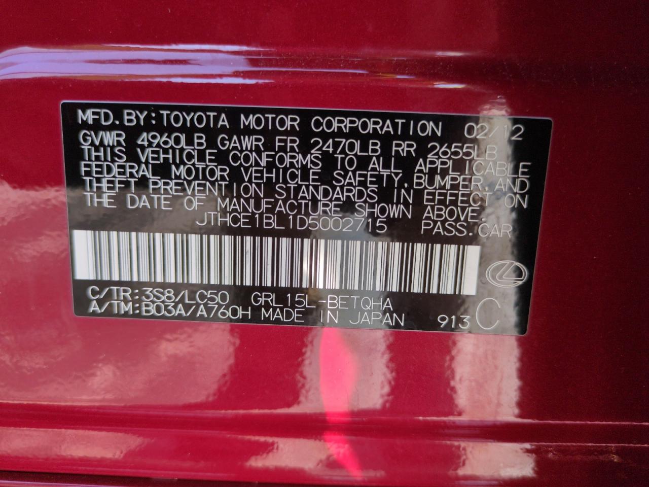 2013 Lexus Gs 350 VIN: JTHCE1BL1D5002715 Lot: 67582265