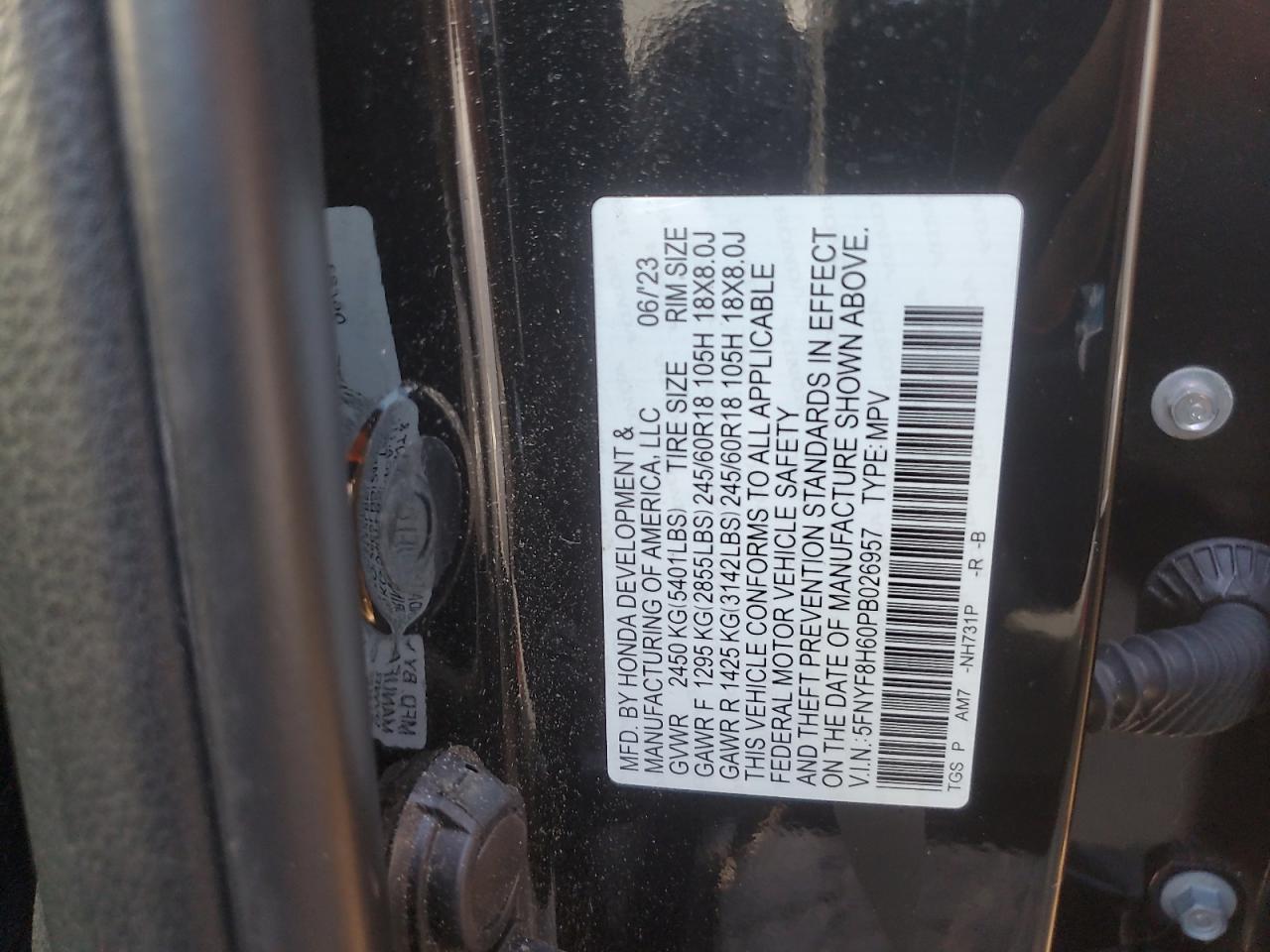2023 Honda Passport Trail Sport VIN: 5FNYF8H60PB026957 Lot: 68521275