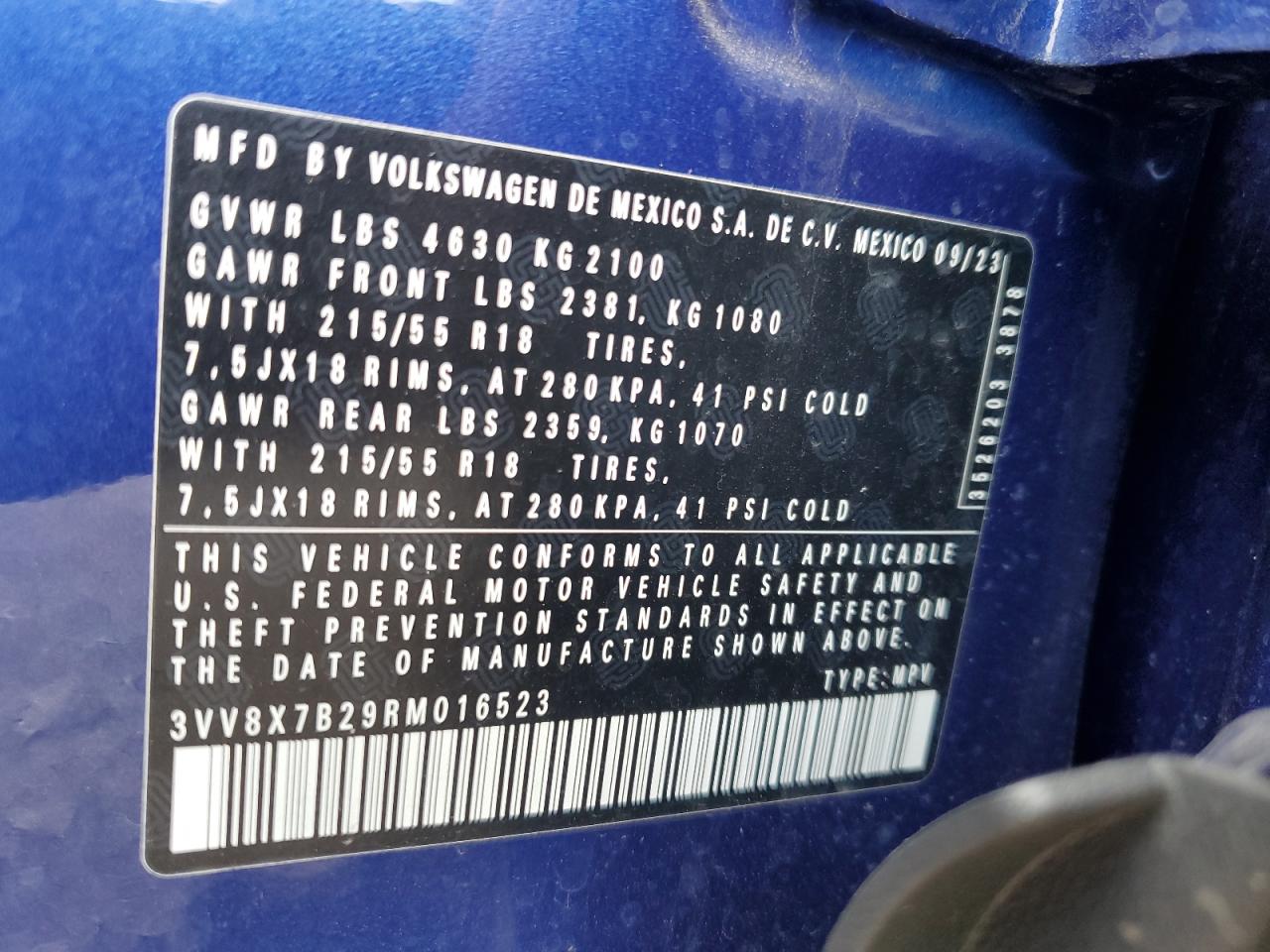 2024 Volkswagen Taos S VIN: 3VV8X7B29RM016523 Lot: 70205985