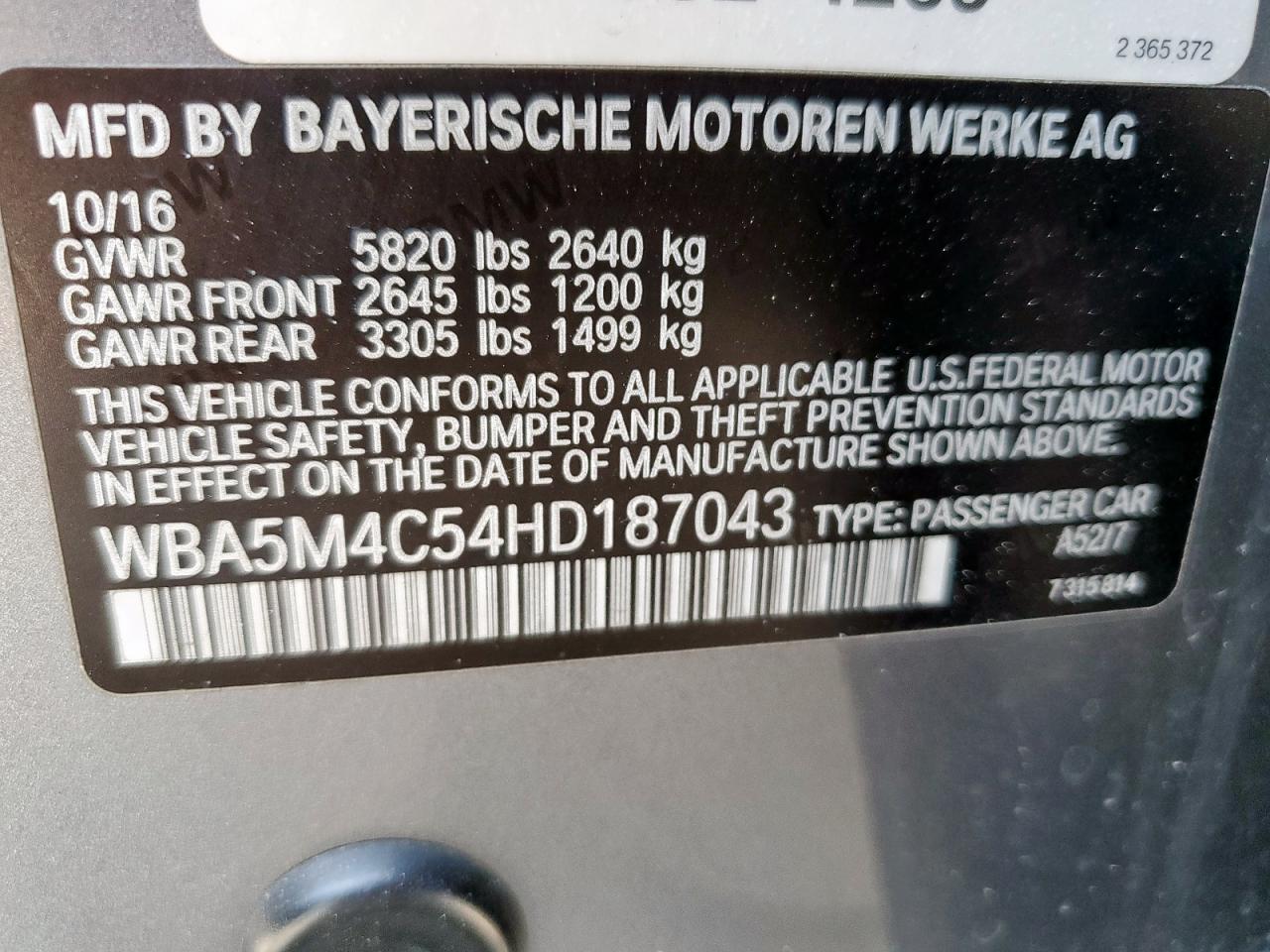 2017 BMW 535 Xigt VIN: WBA5M4C54HD187043 Lot: 68543965