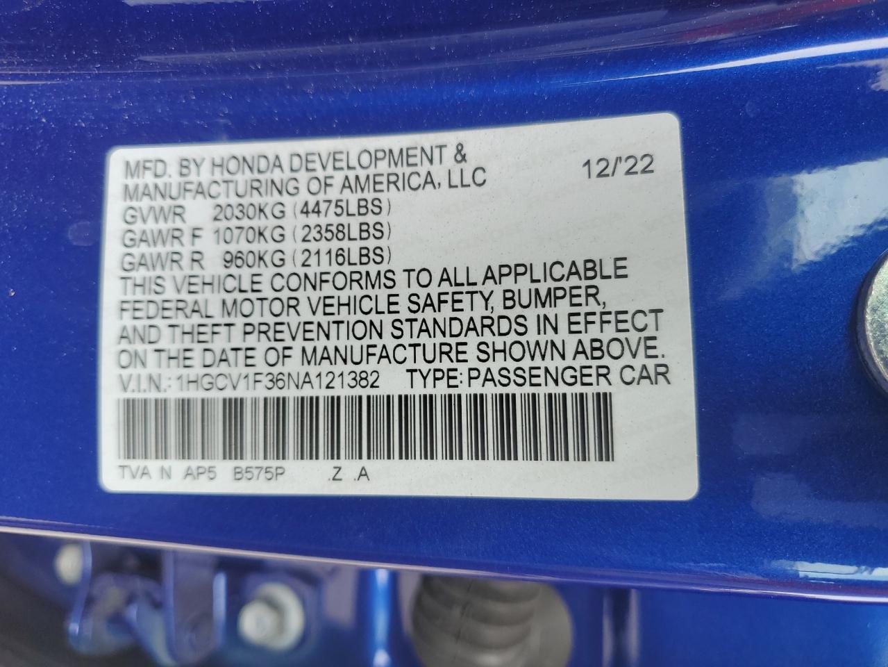 2022 Honda Accord Sport VIN: 1HGCV1F36NA121382 Lot: 68672475