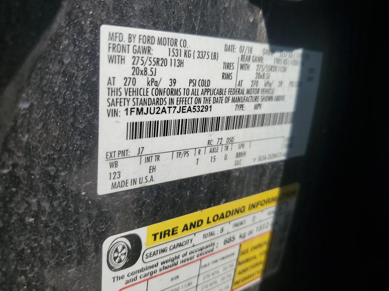 2018 Ford Expedition Limited VIN: 1FMJU2AT7JEA53291 Lot: 70103475