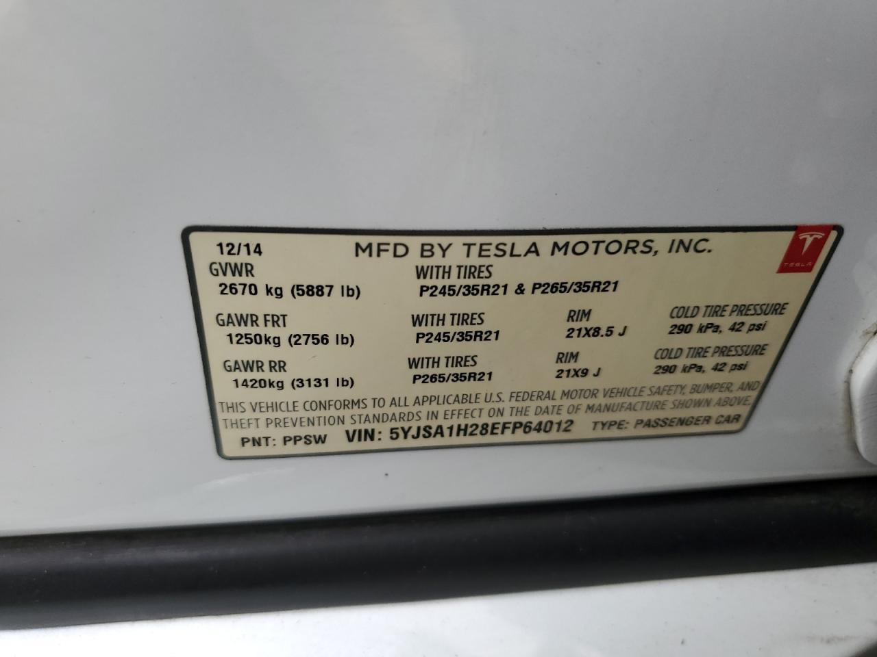 2014 Tesla Model S VIN: 5YJSA1H28EFP64012 Lot: 69605935