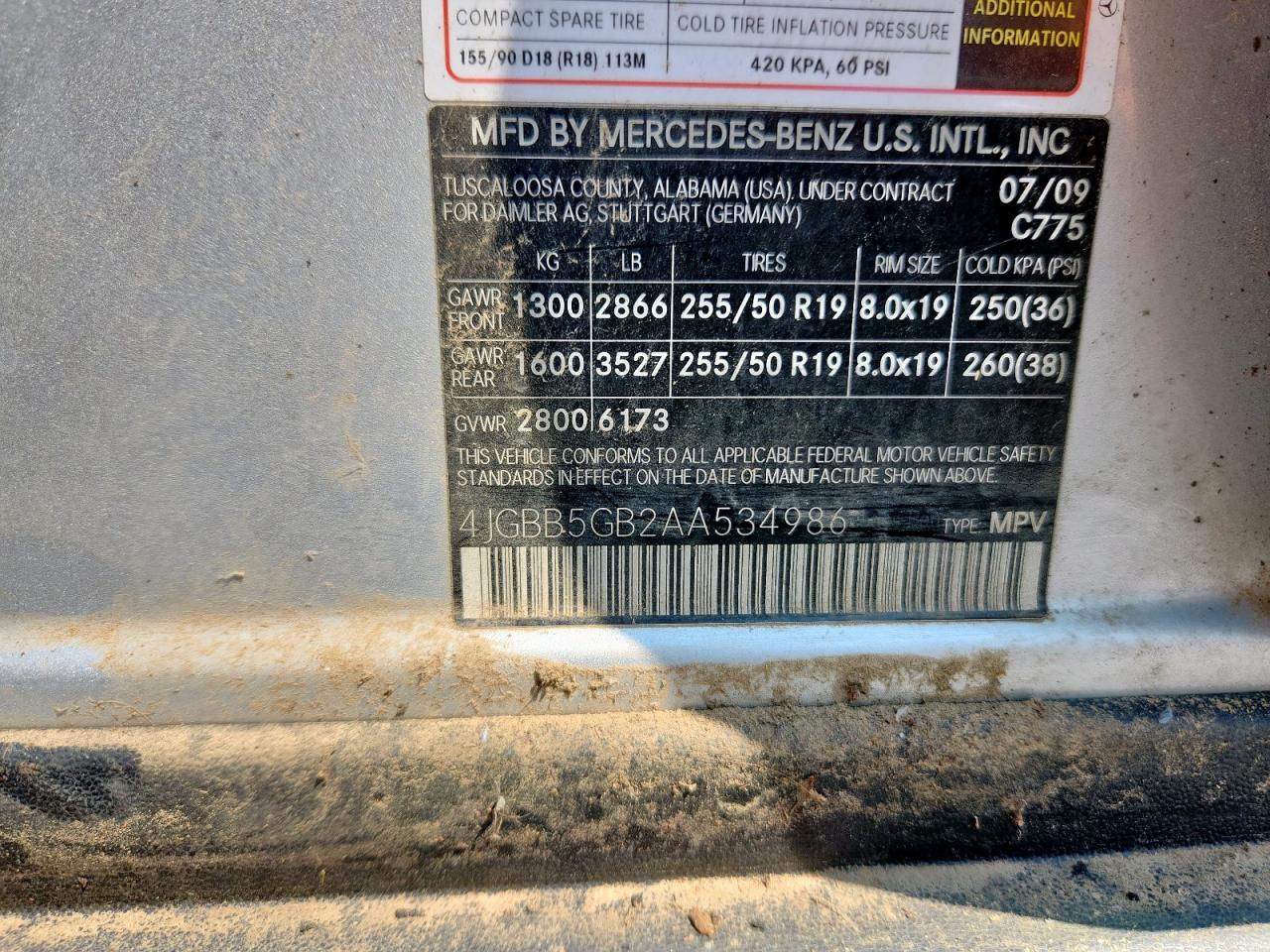 2010 Mercedes-Benz Ml 350 VIN: 4JGBB5GB2AA534986 Lot: 70722395