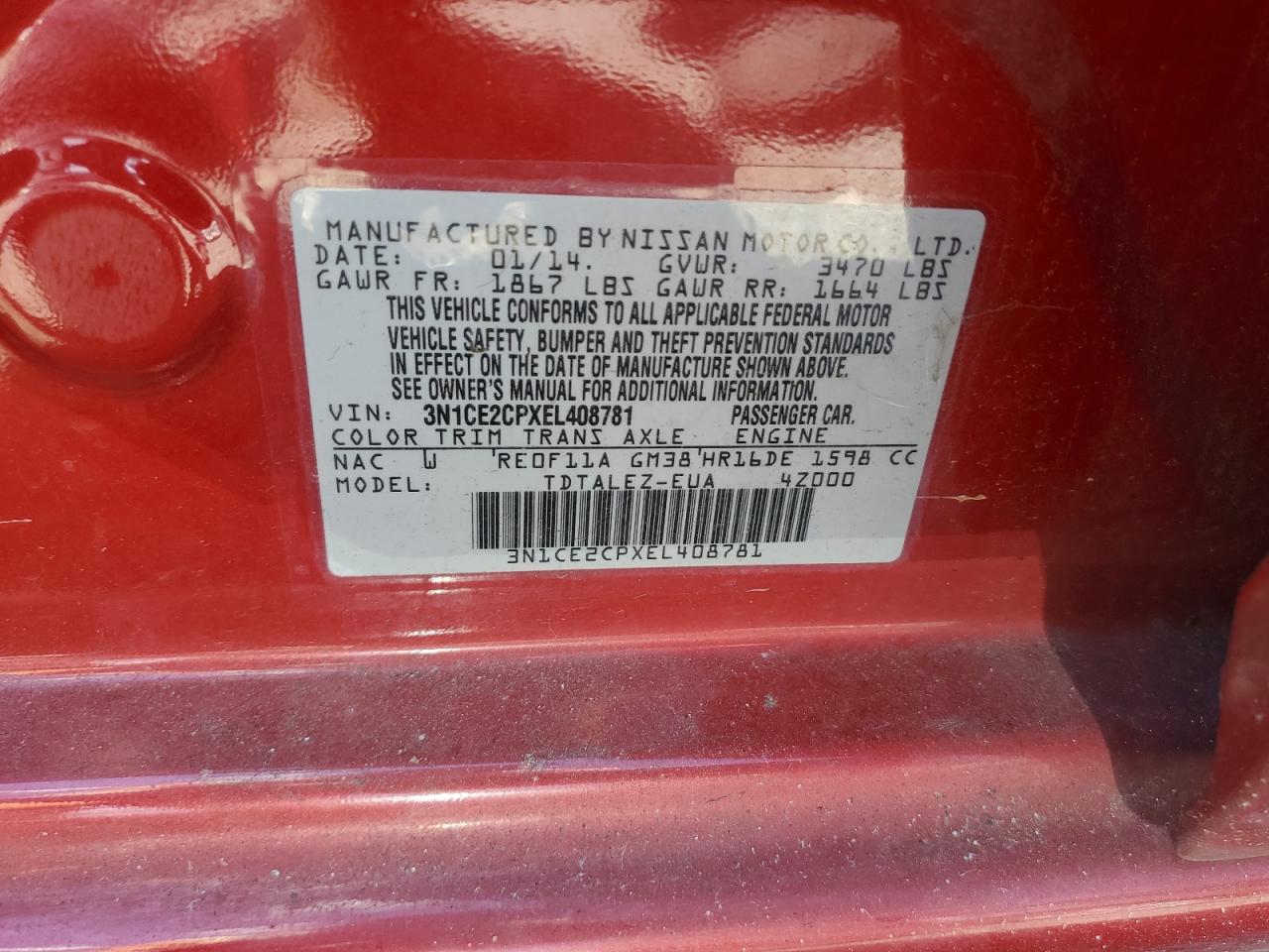 2014 Nissan Versa Note S VIN: 3N1CE2CPXEL408781 Lot: 70297895