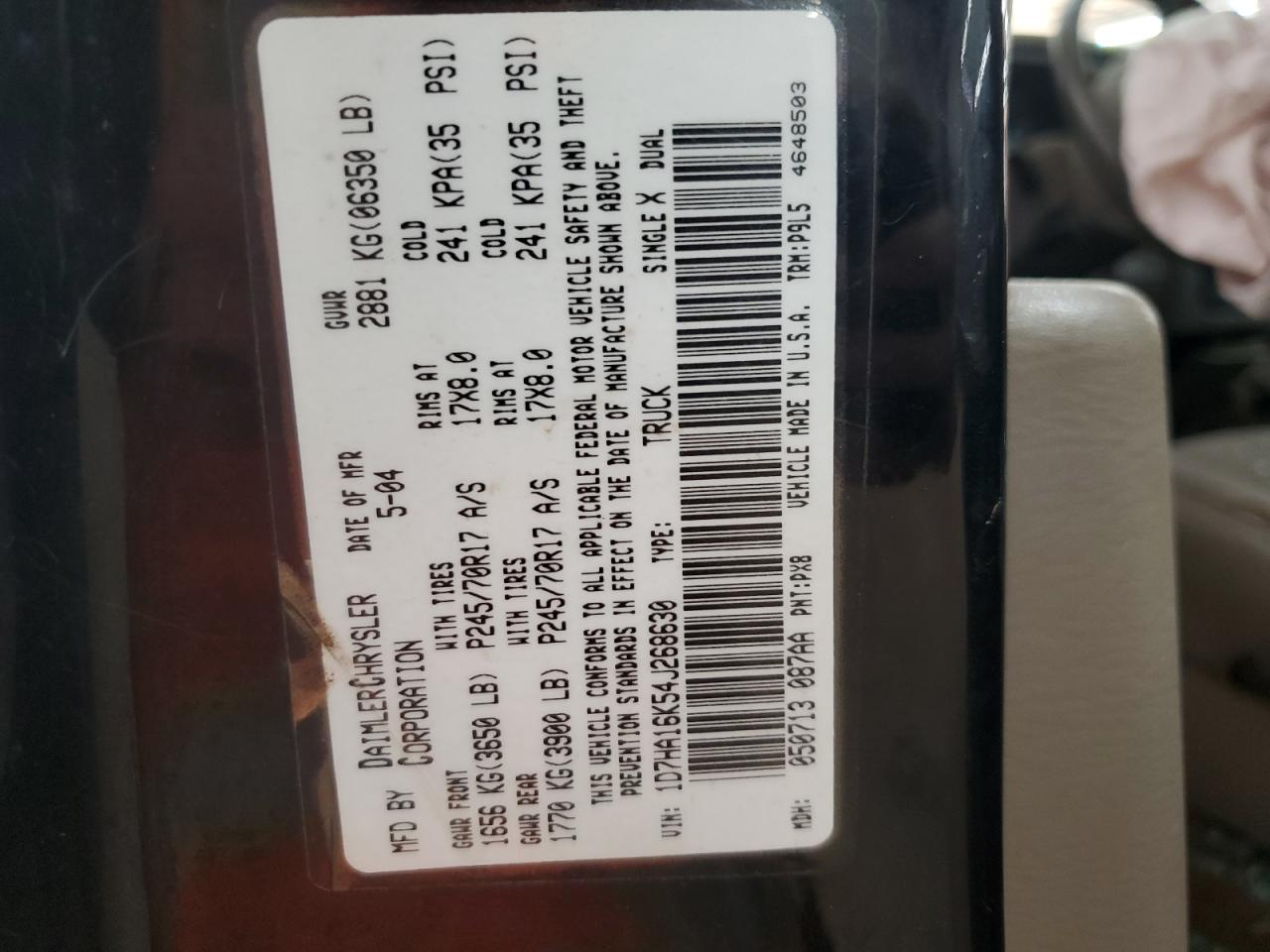 2004 Dodge Ram 1500 St VIN: 1D7HA16K54J268630 Lot: 93504165