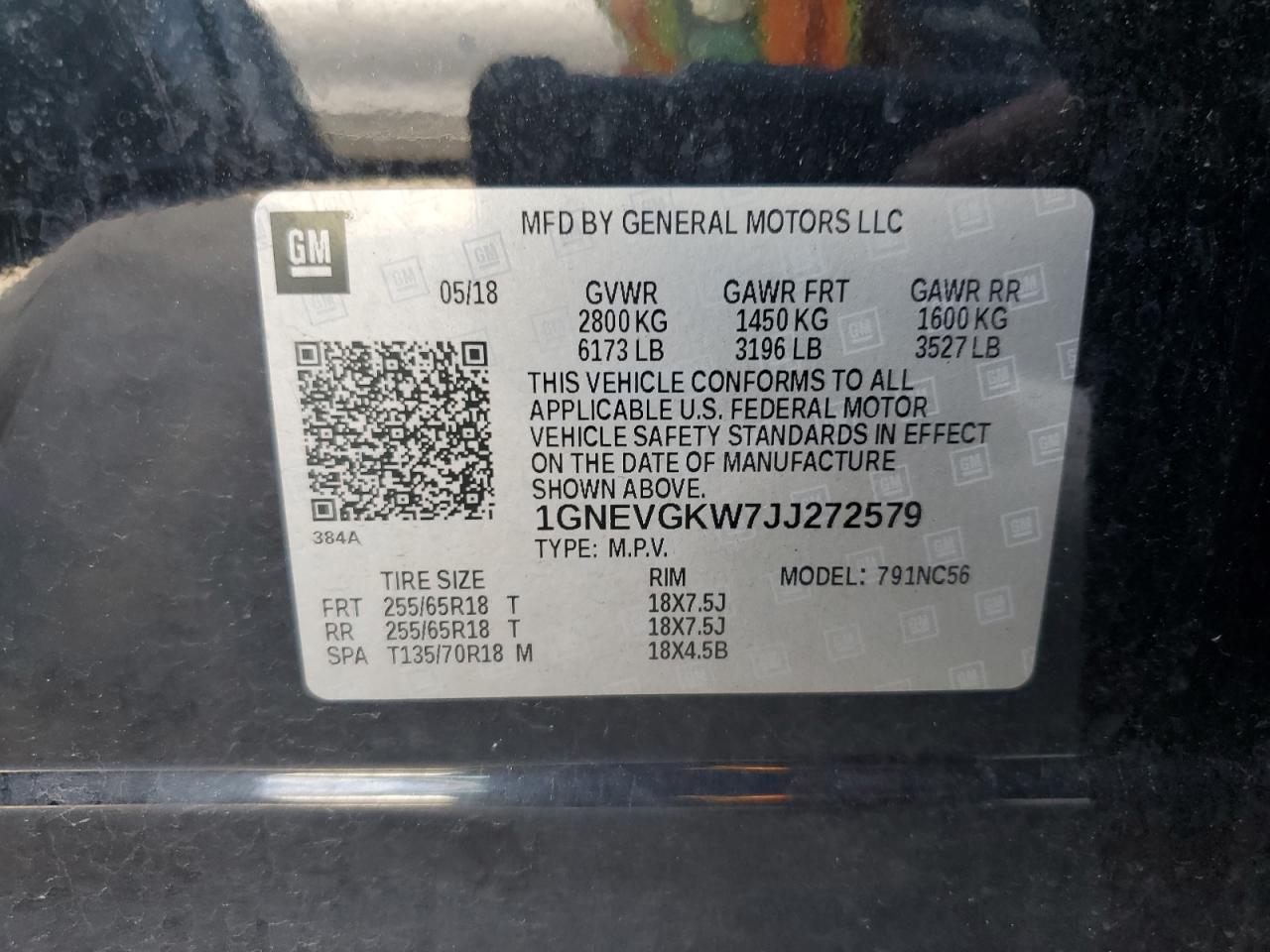 2018 Chevrolet Traverse Lt VIN: 1GNEVGKW7JJ272579 Lot: 68819855