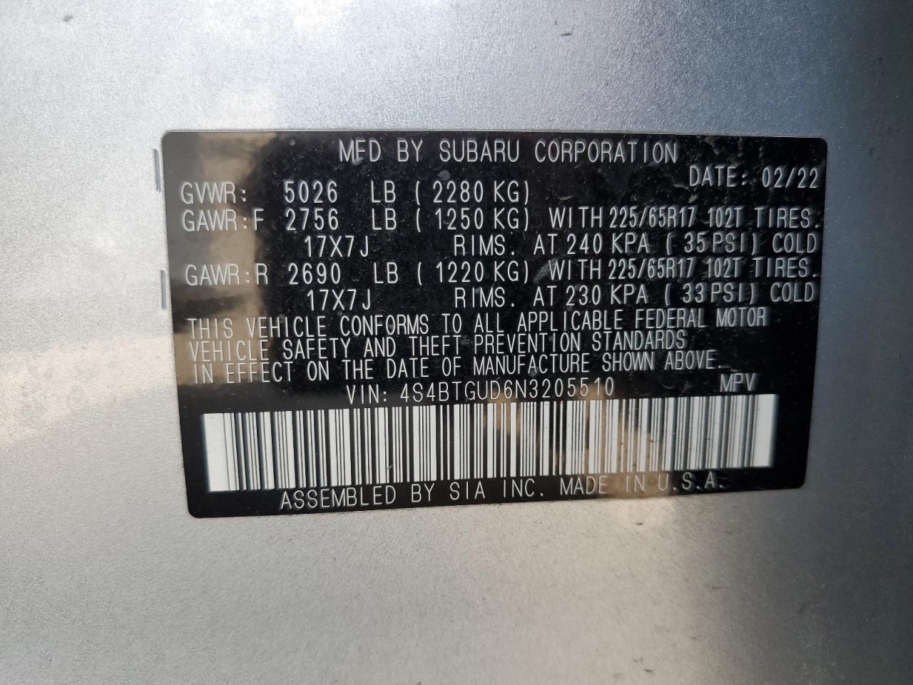 2022 Subaru Outback Wilderness VIN: 4S4BTGUD6N3205510 Lot: 68641605