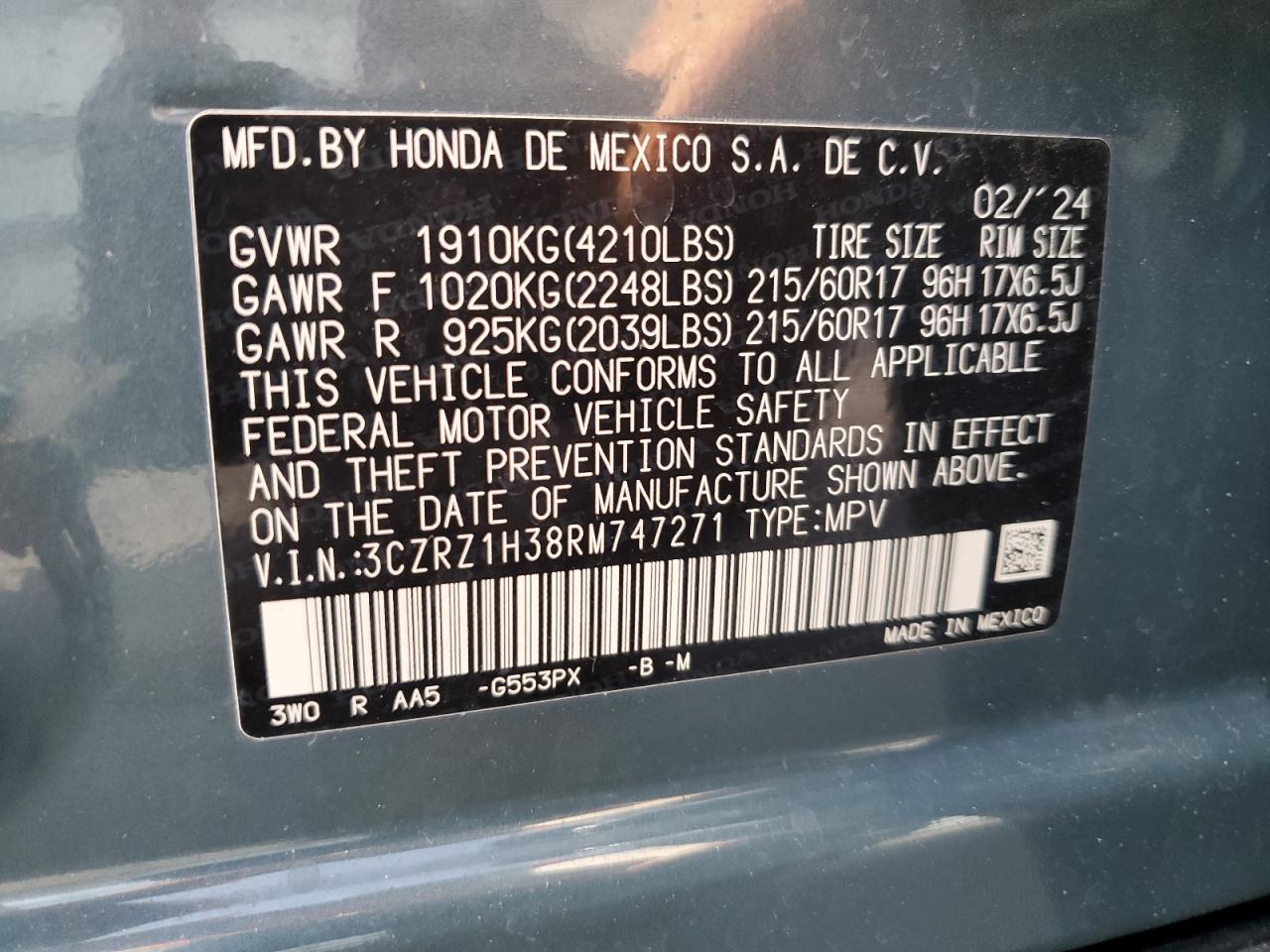 2024 Honda Hr-V Lx VIN: 3CZRZ1H38RM747271 Lot: 70182565