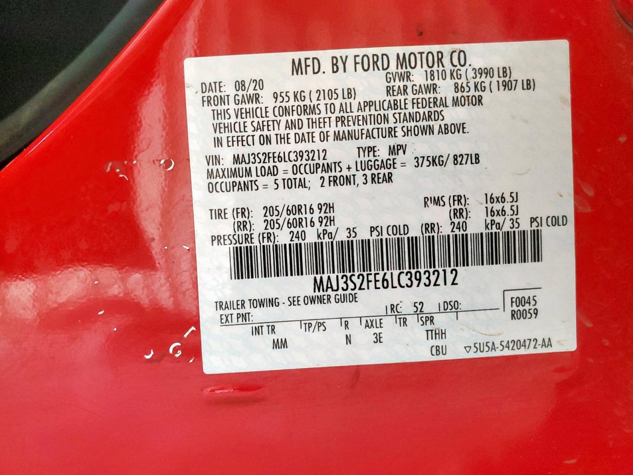 2020 Ford Ecosport S VIN: MAJ3S2FE6LC393212 Lot: 69971145