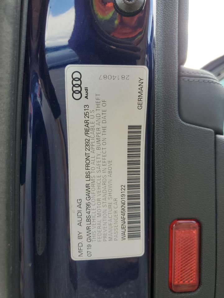 2019 Audi A4 Premium Plus VIN: WAUENAF45KN019122 Lot: 69101275
