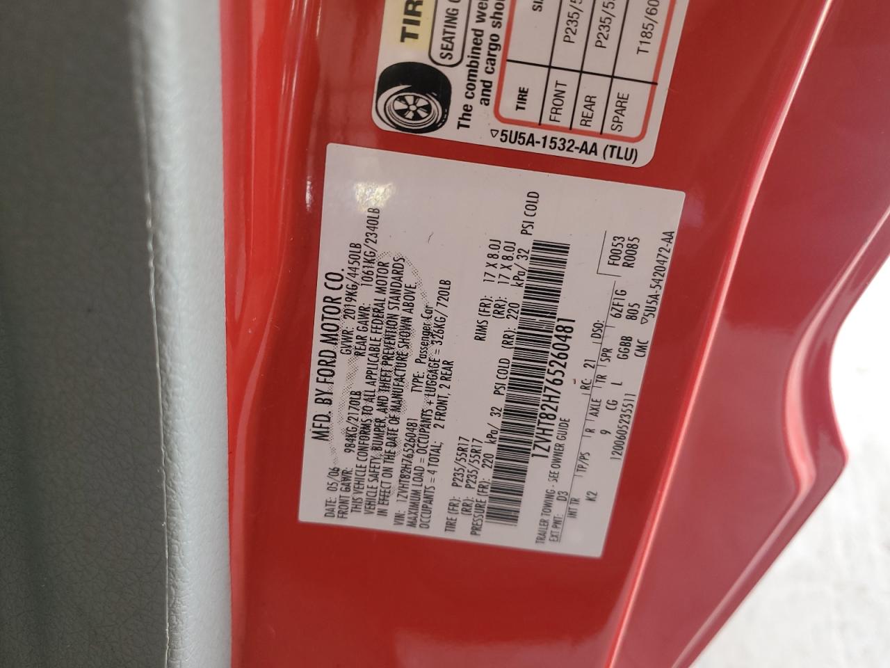 2006 Ford Mustang Gt VIN: 1ZVHT82H765260481 Lot: 70352005