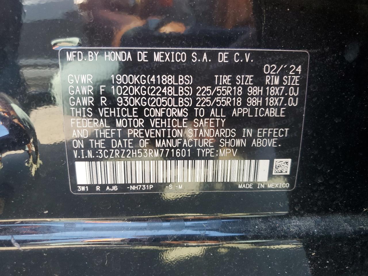 2024 Honda Hr-V Sport VIN: 3CZRZ2H53RM771601 Lot: 69494845